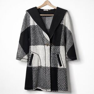 Kenar | Black White Wool Blend Color Pattern Block Hooded Cardigan Duster Coat S